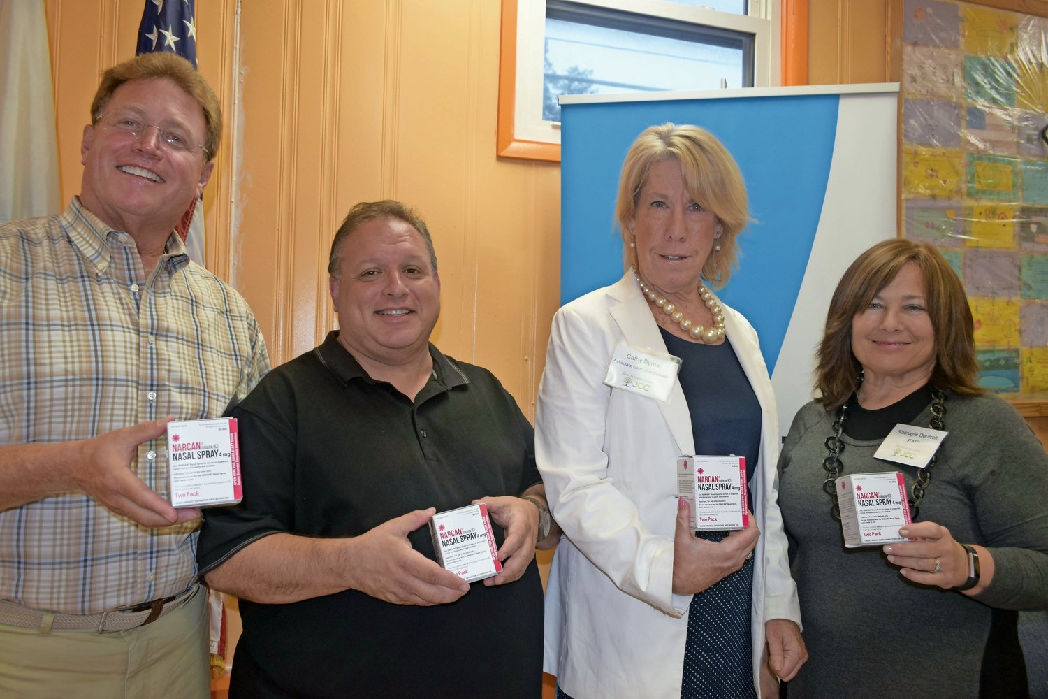 The drug coalition took shape after the Gural JCC hosted a Narcan training last August. From left in 2018 were JCC President Steve Bernstein; David Hymowitz, education director for the Nassau County Department of Human Services; JCC Associate Director Cathy Byrne; and Rachayle Deutsch, the JCC’s director of cultural arts and education.