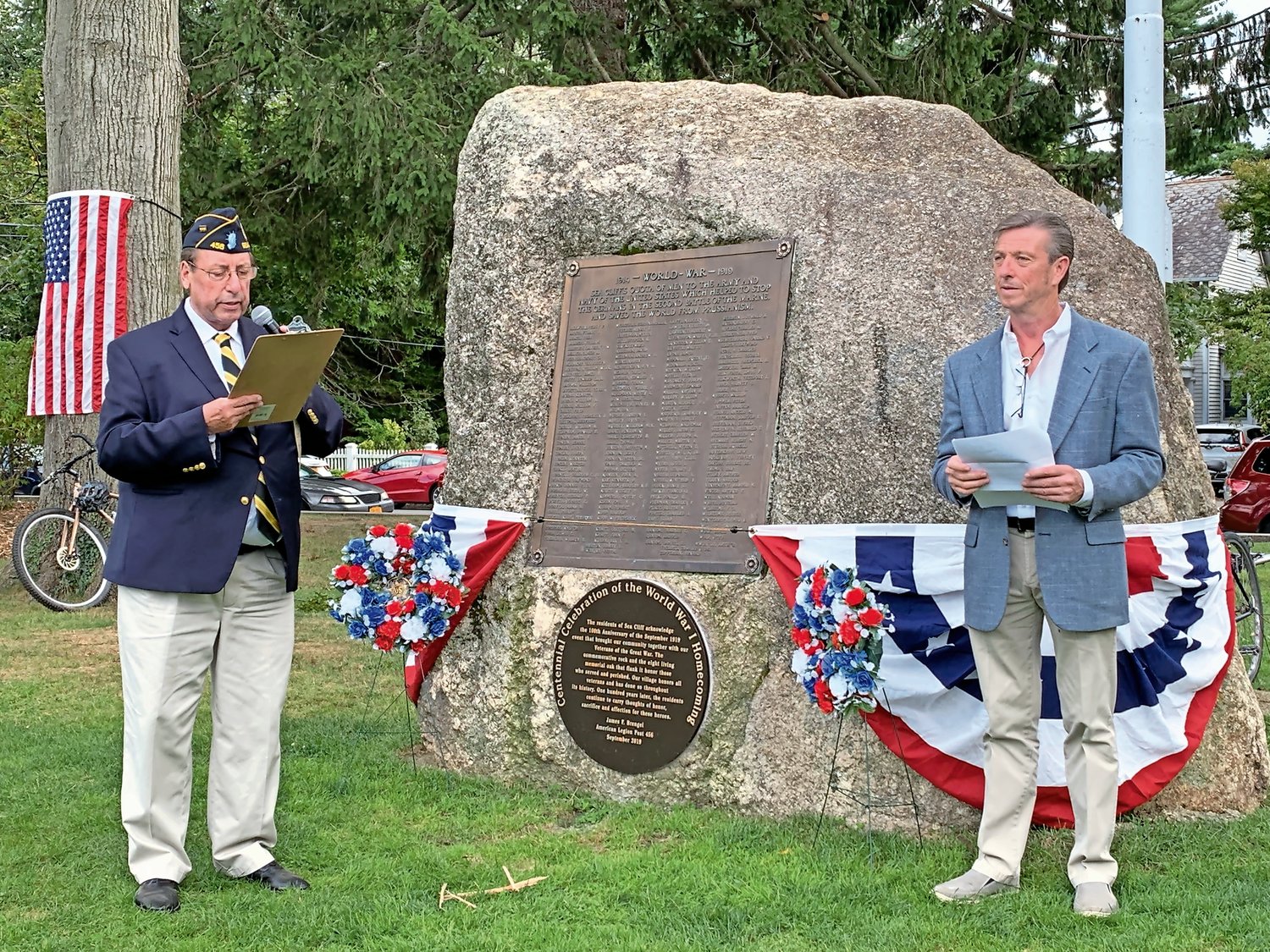 Parade Grand Marshal Ted Kopczynski, left, and Sea Cliff Village Administrator Bruce Kennedy paid tribute to veterans of World War I.