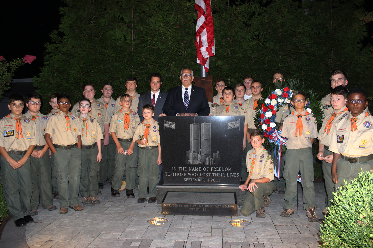 East Meadow Boy Scout Troop 362 paid tribute to those who lost their lives in the Sept. 11 attacks at the East Meadow Fire Department’s annual ceremony in Veterans Memorial Park. With them were State Assemblyman John Mikulin and Hempstead Town Councilman Dennis Dunne.