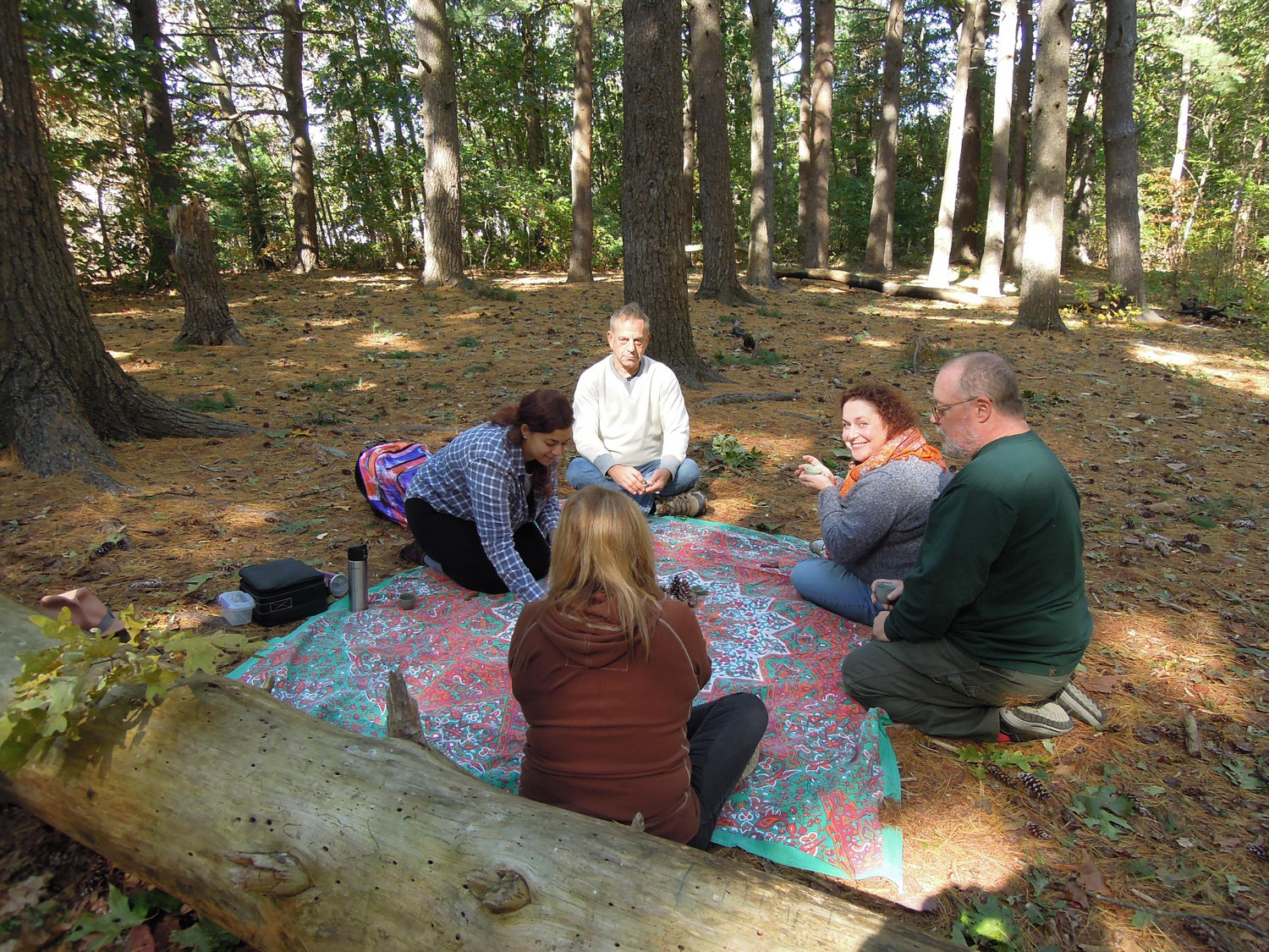 Teacher Stephanie Gaglione, far left, shared pine-needle tea and snacks with a group of students that included, clockwise from top, Les Schmerzler, Alicia Edwards, Chris Limbach and Maxine Schmerzler.