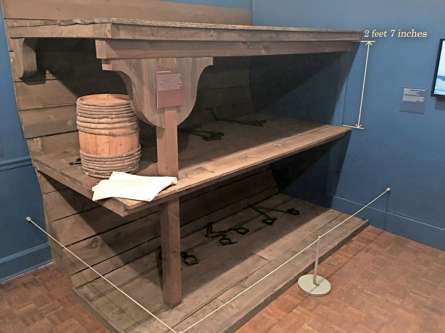 Slaves’ sleeping quarters on display at the Stony Brook Museum. Bunks were spaced 2 feet, 7 inches apart.