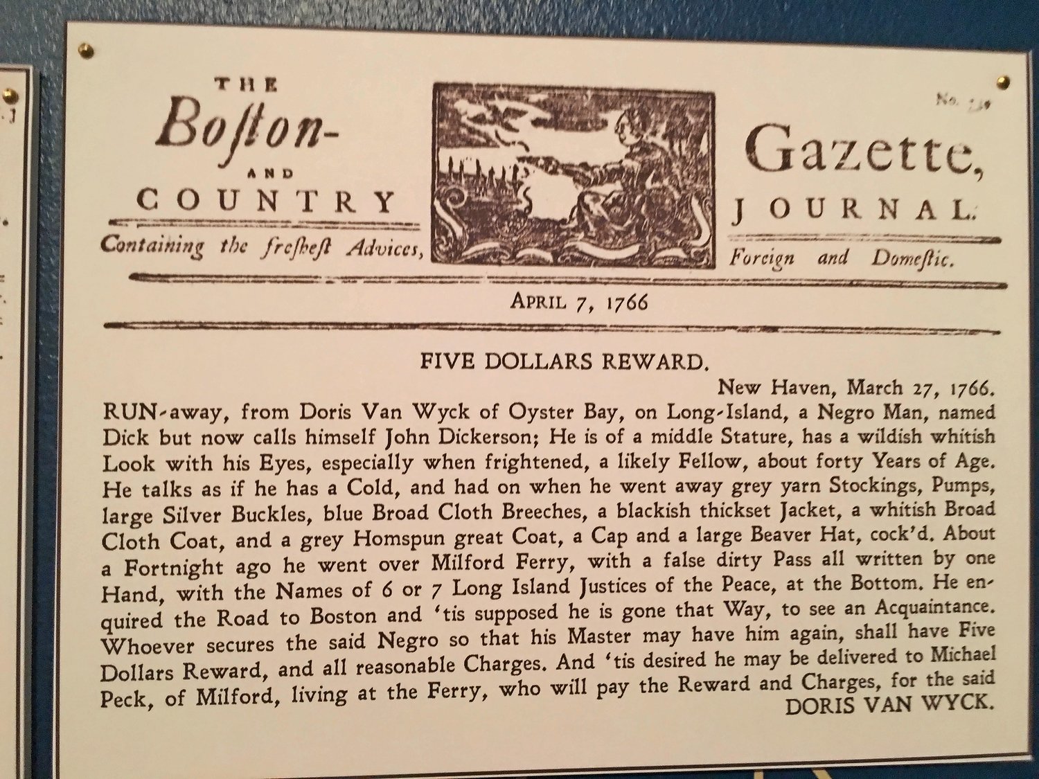 An advertisement about a runaway slave from Oyster Bay that offered a $5 reward for his return.