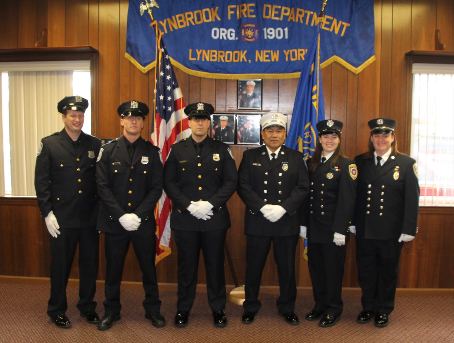 On Jan. 5, Lynbrook Mayor Alan Beach, State Sen. Todd Kaminsky and Assemblywoman Judy Griffin honored six first responders who saved a woman’s life in November. The honorees were, from left, Lynbrook police officers Peter Festa, Jon Stawinski and Derek Buonora; Baldwin Fire Department Captain James Martinez; Lynbrook Fire Department EMT Katie DuBoise; and former LFD Captain Tracey Burke LaBarbara.