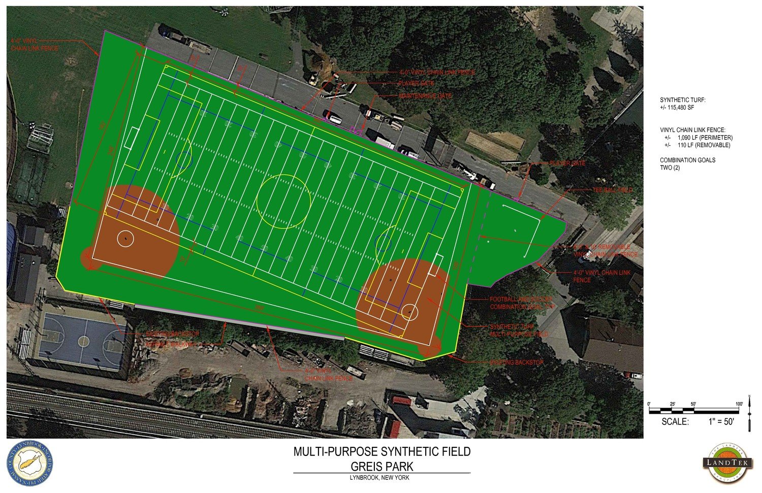 A rendering of the $1.3 million turf fields that the Amityville-based LandTek Group will install at Greis Park. Construction is expected to begin in late March and be completed by the end of summer.