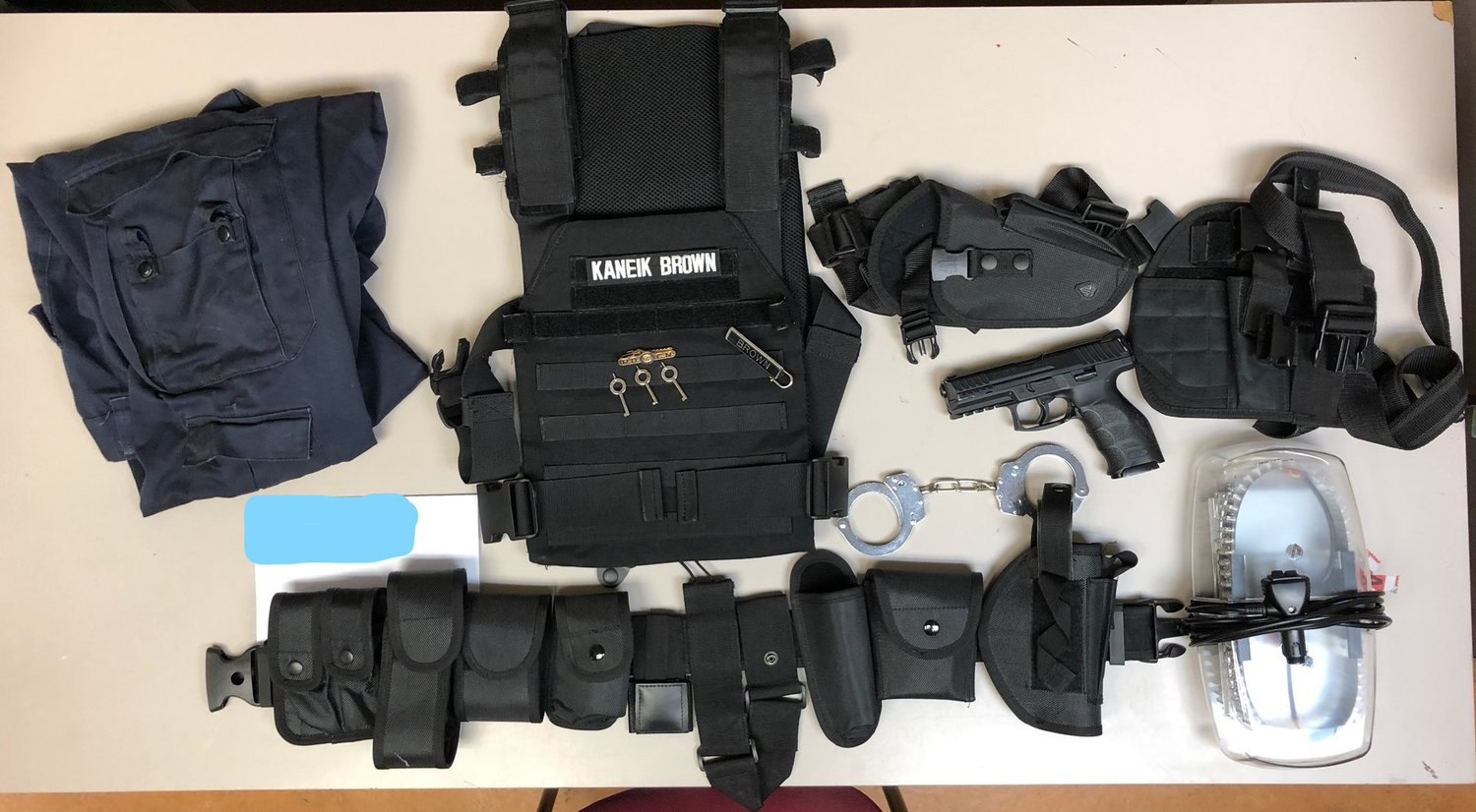 Police said they discovered a number of items from the suspect's car including a duty belt, handcuff keys and a BB gun, after he claimed to be a Nassau County police officer.