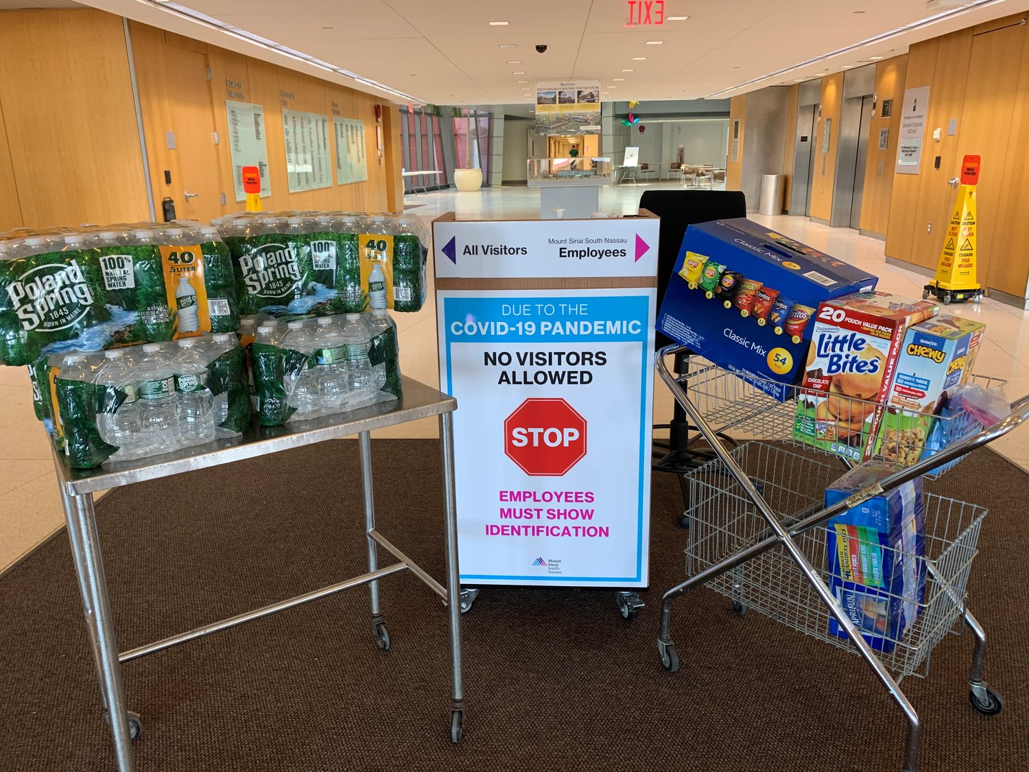 Food donations piled up in the lobby of Mount Sinai South Nassau this week as local businesses showed their appreciation to health care workers for treating coronavirus patients.