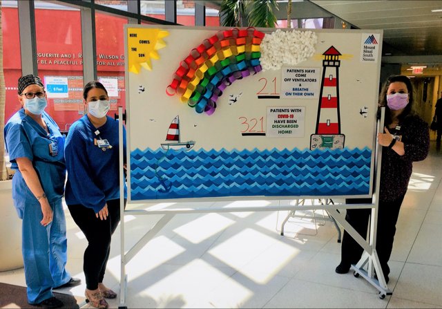 Mount Sinai South Nassau hospital nurses, from left, Teresa Ebehart, Angelica Hoyos and Christine Doud created a "message board of hope" to spread positivity amid the coronavirus pandemic.