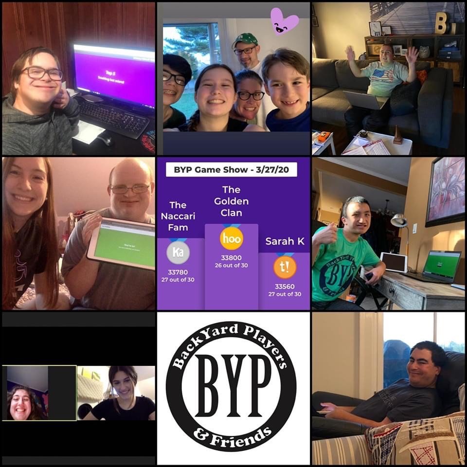 Teens and young adults who have participated in Backyard Players & Friends’ online programs took photos while doing the virtual activities, such as “Game Show at Home,” and posted them to social media.