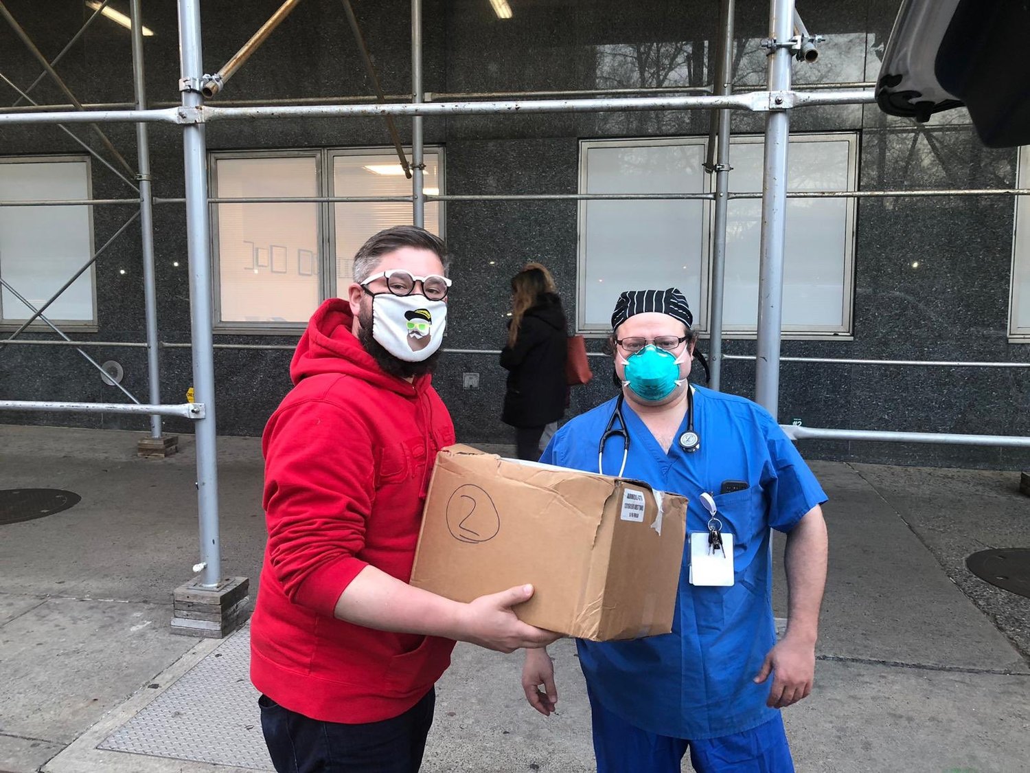 Hewlett resident Gabriel Boxer has been donating food to hospitals across Long Island and New York City with his Kosher Response Project. Boxer, left, donated to Moshe Reich, right, an RN at Mount Sinai Hospital in Manhattan.