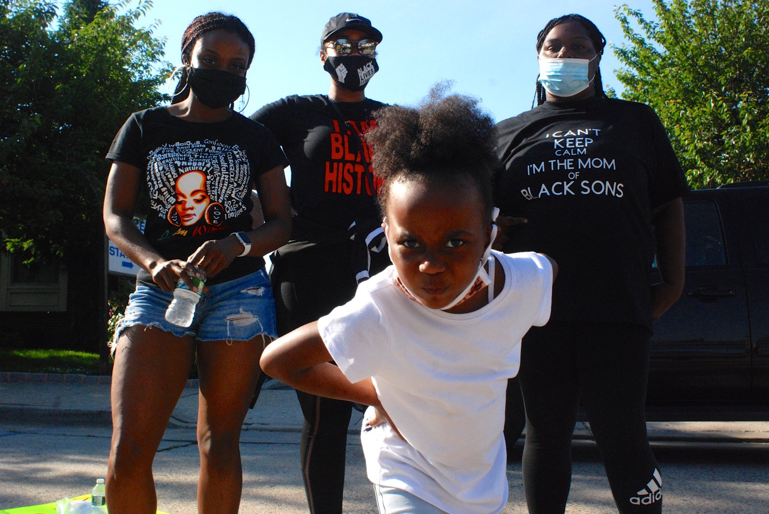 A video posted to Twitter of 7-year-old Wynta-Amor Rogers, front, of Uniondale, protesting in Merrick electrified the Twittersphere on June 2. Since then, she has appeared at Black Lives Matter protest marches throughout the metropolitan area. Above, she was joined by Hempstead protest organizers, from left, Raina Lewis, Tiara Adams and Jada Gillenwater.