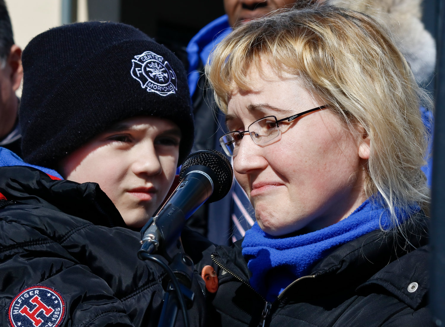 Thomas Valva's mother, Justyna Zubko-Valva, who lives in Valley Stream, tearfully delivered a speech thanking those in attendance at ceremony in March honoring of her late son. With her was Thomas's brother, Andrew.