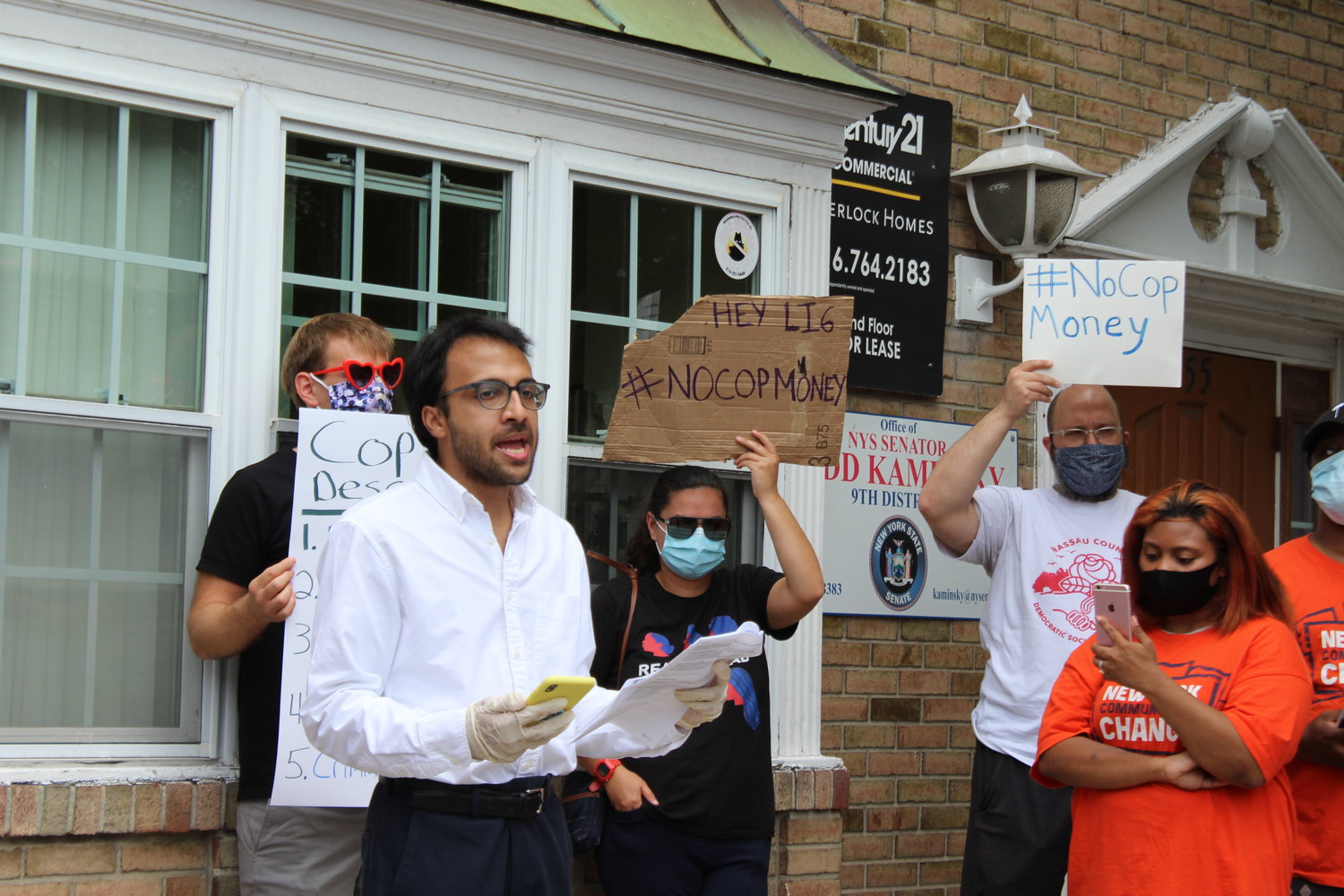 Nikhil Goyal, of Young Long Island for Justice, read a letter that more than three dozen local advocacy organizations have signed asking for “the Long Island six senators” to refuse police union donations and give prior police union funds to groups fighting for racial justice.