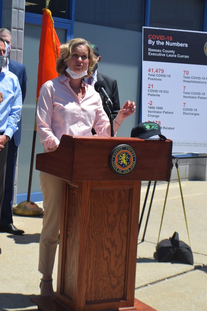 Nassau County Executive Laura Curran held her Monday news briefing outside the Gural JCC SHOP in Cedarhurst.