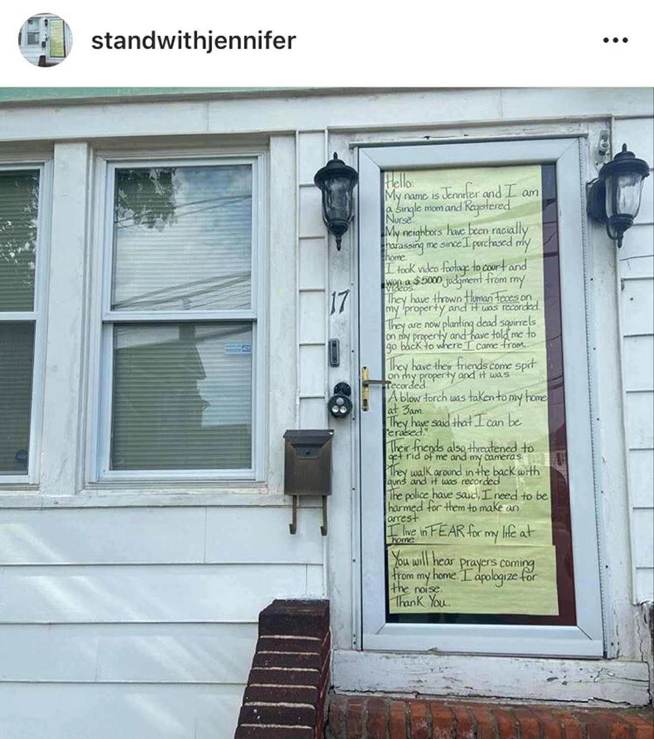 McLeggan's latest incident with the neighbors involving a dead squirrel she believes they placed on her lawn prompted her to place a sign on her doorway outlining her encounters with them. A photo of it has been shared widely on social media.