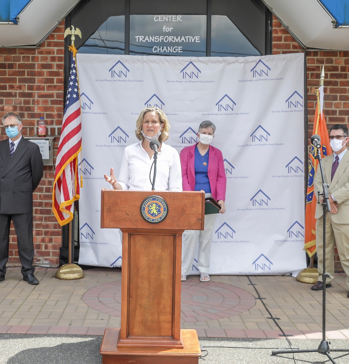 Nassau County Executive Laura Curran announced the allocation of federal grant funds in late July outside the Center for Transformative Change at the Mary Brennan INN in Hempstead, which also received funding.