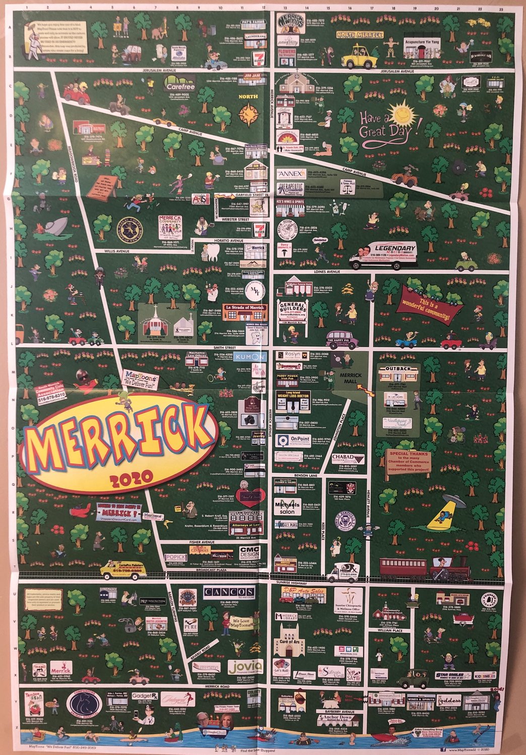 MapToons’ 2020 iteration of Merrick’s business community features fun cartoons and superimposed images of local business owners and community leaders.