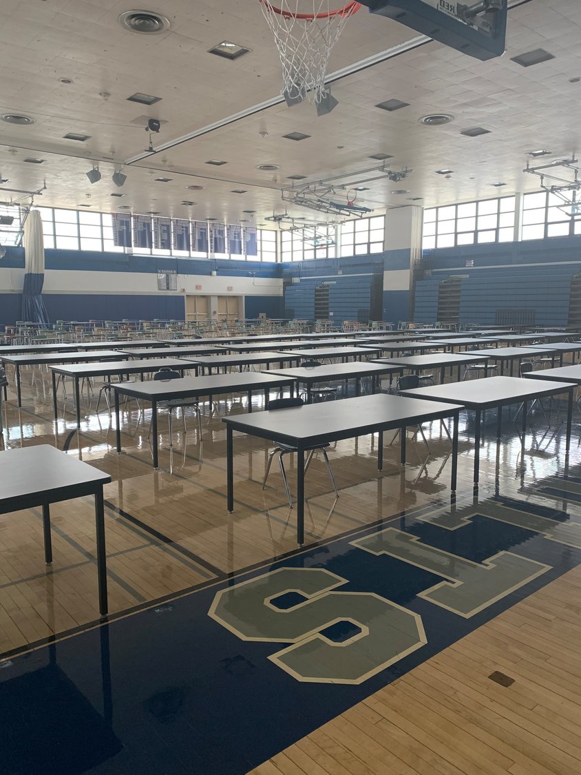 The gymnasium at Calhoun High School has been transformed into a cafeteria to ensure students are staying six feet apart during their lunch period.