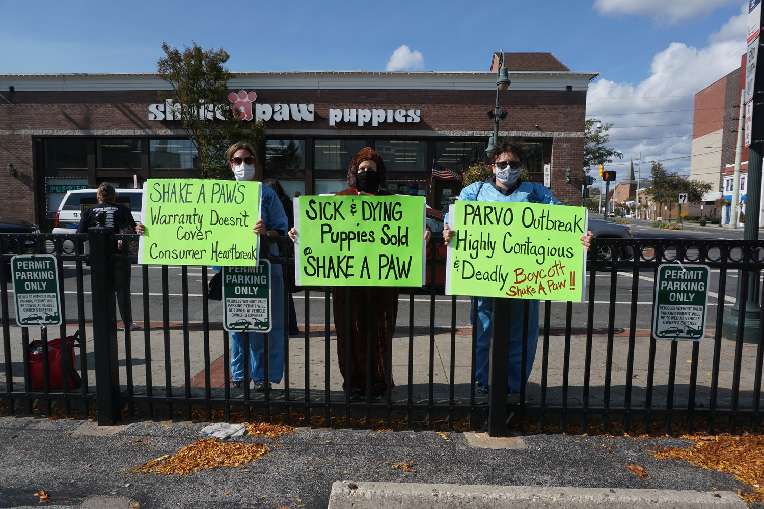 Protesters lined up outside Shake A Paw in Lynbrook on Sunday, seeking to hold the shop accountable for the deaths of puppies sold there.
