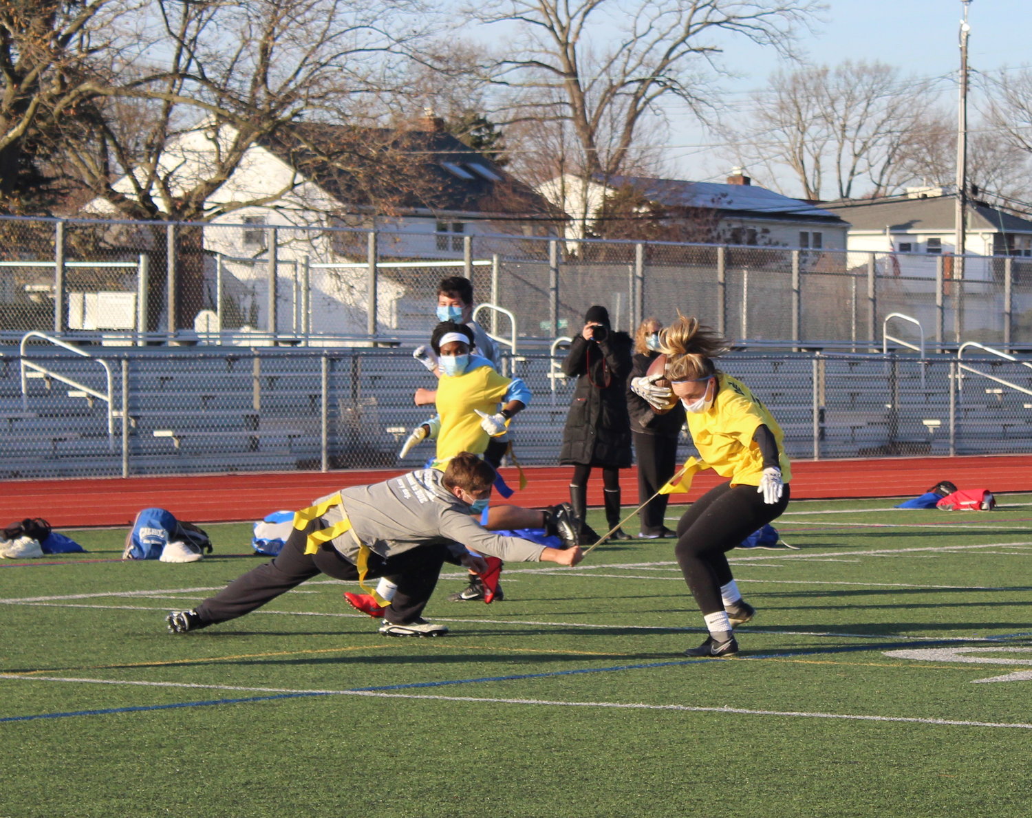 Calhoun’s kicker, senior Nicole Devlin, right, attempted to evade her opponent during one of the games.