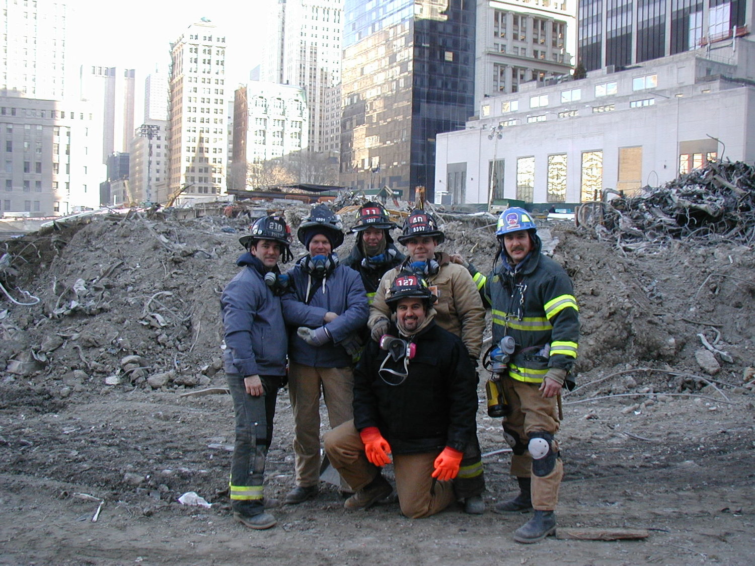 Firefighter Frederick N. Fuchs , far right, with his crew at the World Trade Center site in December 2001.
