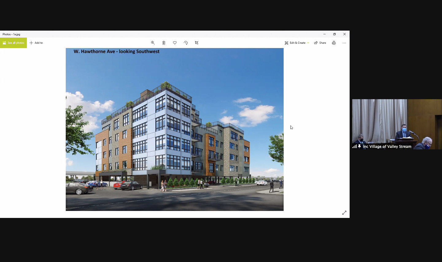 A rendering of the proposed apartment building shown at a hearing on Jan. 11. Attorney Dominick Minerva, right, made the case for the redevelopment to the public.