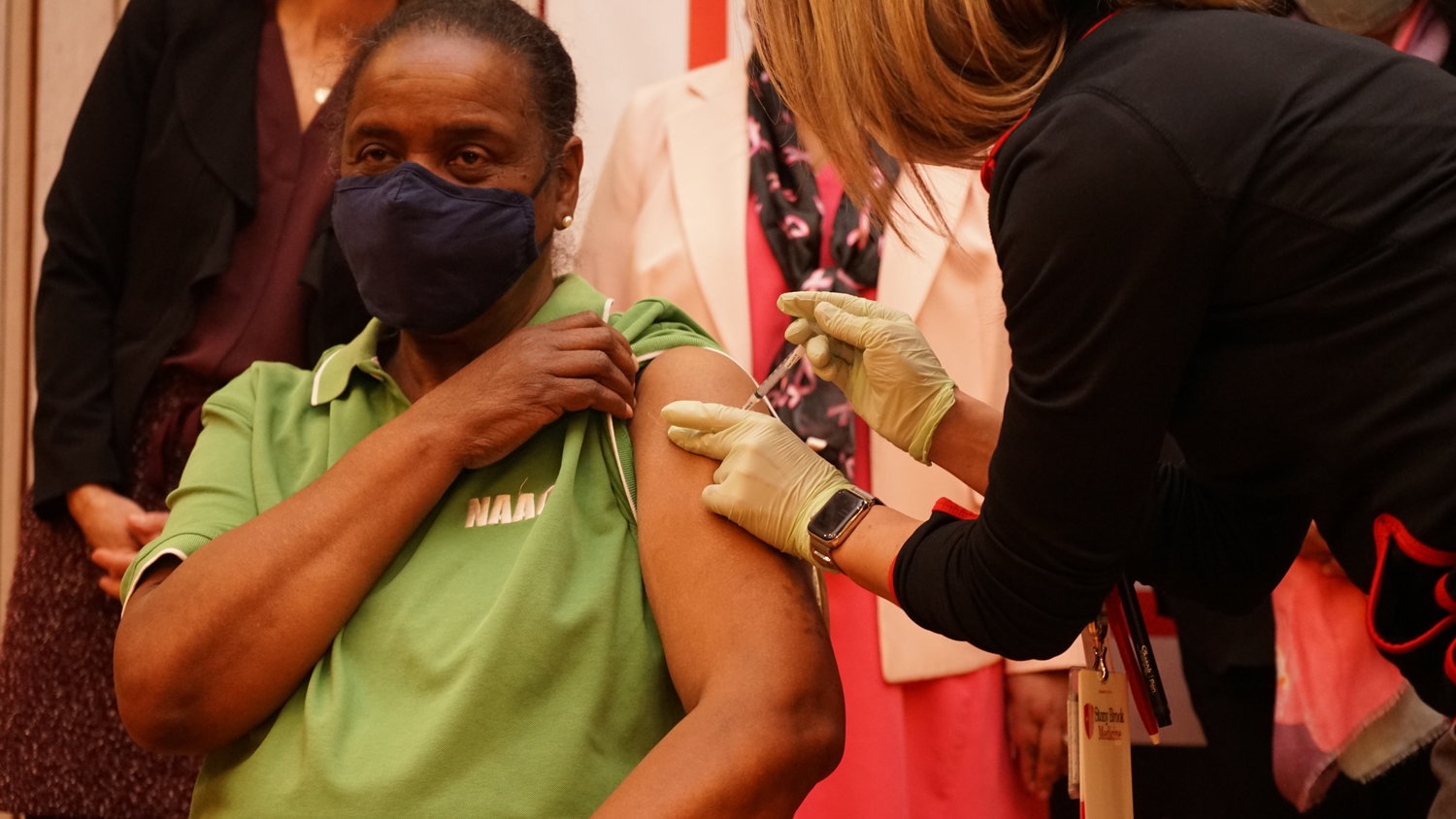 Doris Hicks, president of the Lakeview branch of the NAACP, received her first dose of the coronavirus vaccine at a pop-up vaccination clinic at the Gateway Christian Center in Valley Stream on Feb. 23.