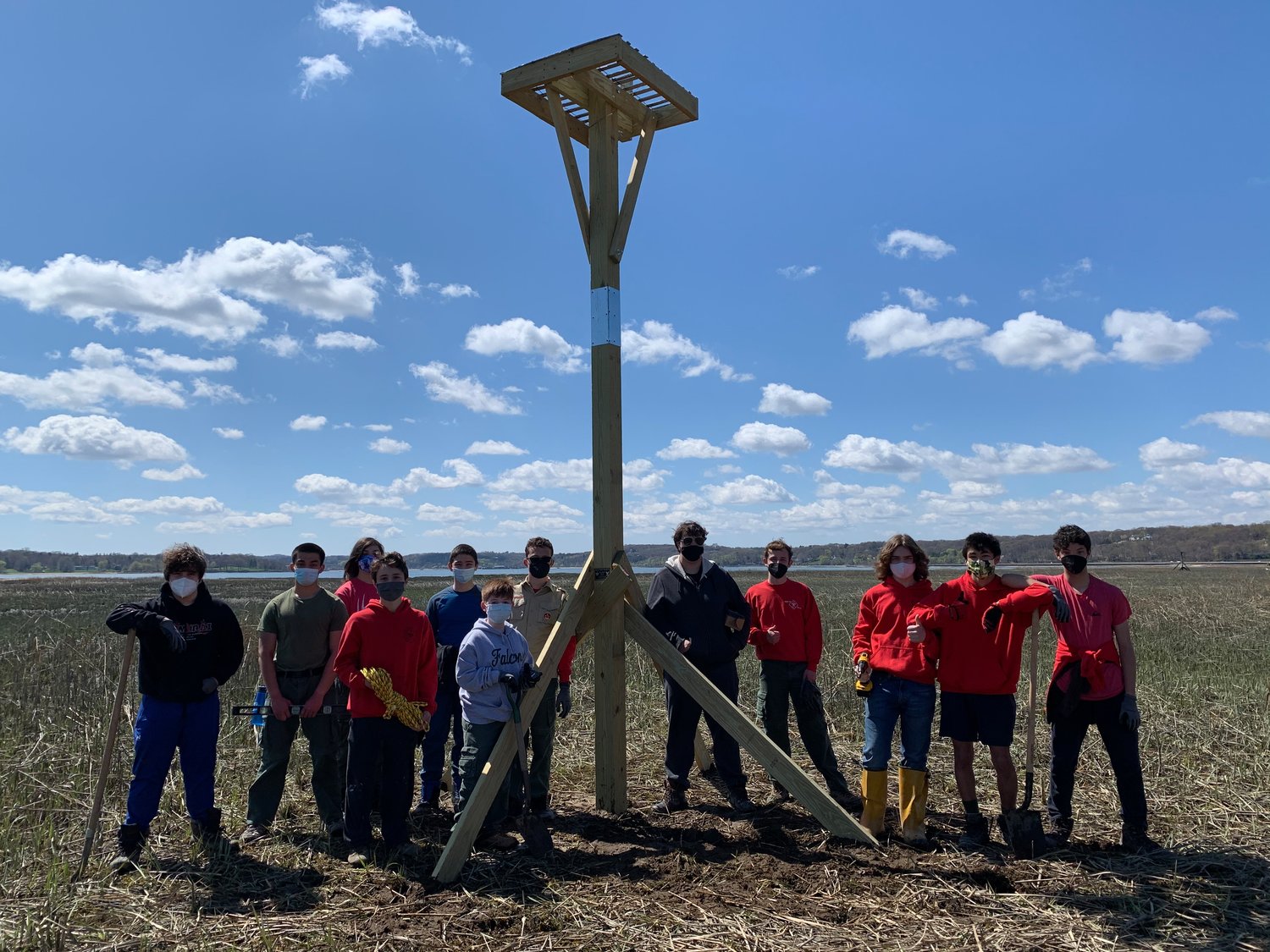 Ryan Maselli, fifth from left, a Life Scout in BSA Troop 176 in Bayville, built an osprey nest for his Eagle Scout project with the help of other scouts and the North Shore Audubon Society.