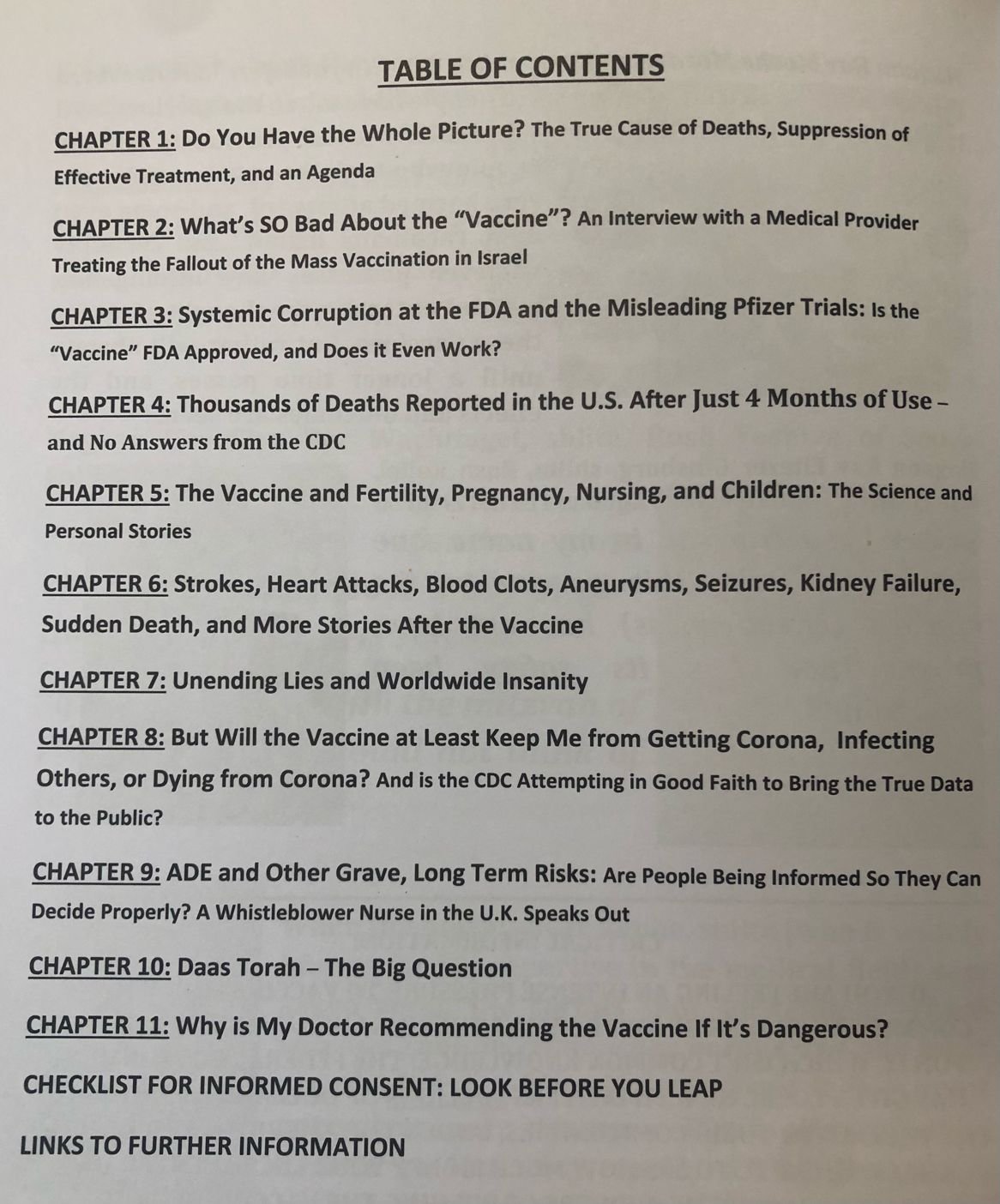 The table of contents from “Look Before You Leap,” an anti-vaccine booklet sent to Orthodox Jewish residents of the Five Towns, Brooklyn and New Jersey.