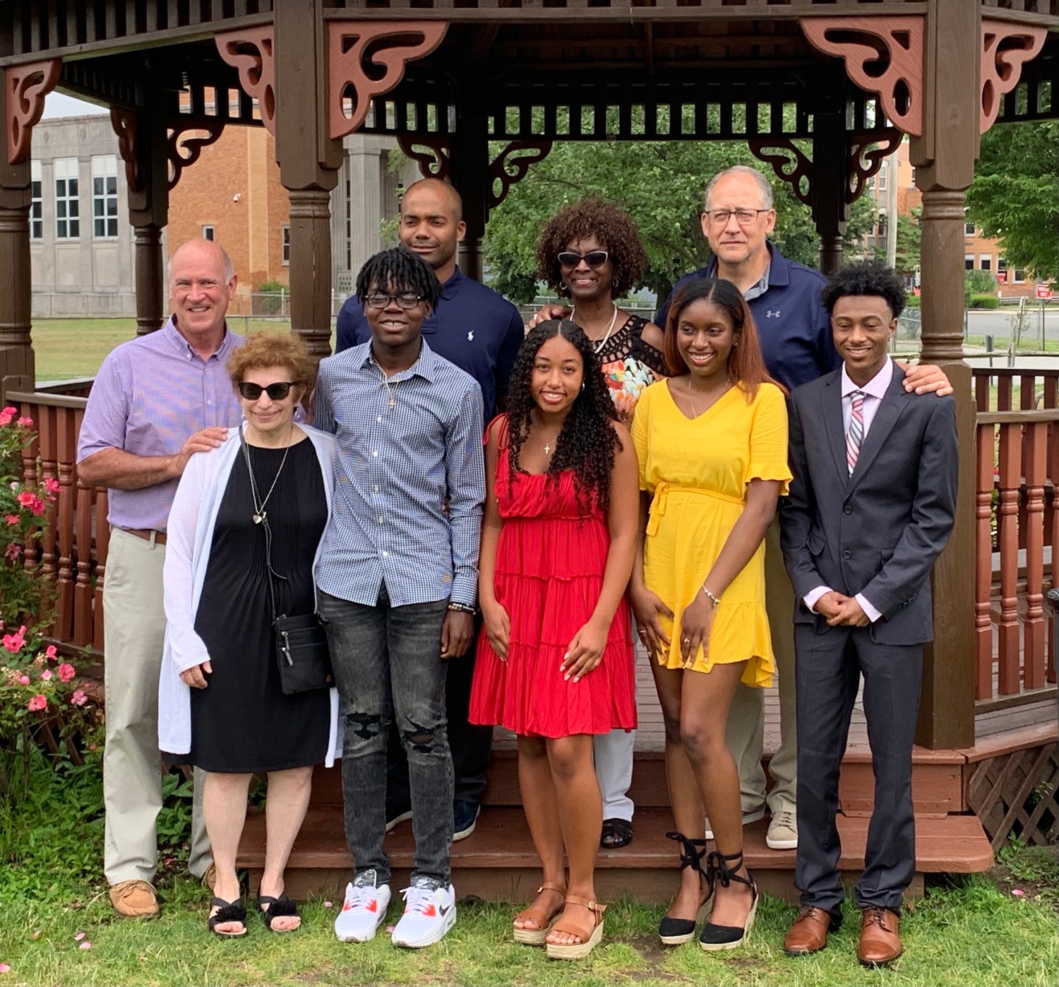 Richard Woods, top row, from left, Rob Blount, Michele Cadogan, Tom Capone; bottom row, Rhonda Eisenberg, Oceanside High School students Jared Pryce, Courtney Depperman and McKala-McKenzie McKay, and Baldwin High School student Jaylen Brunson celebrated at the Say Their Names Association’s inaugural scholarship awards ceremony.