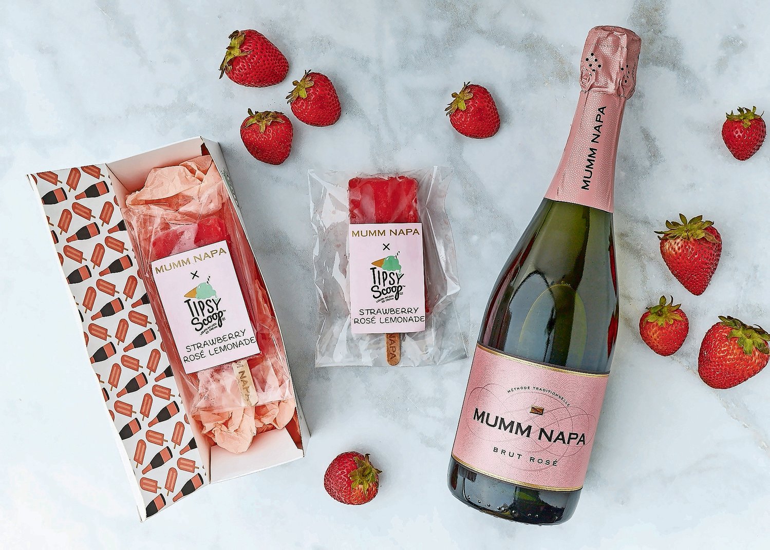 One of the latest creations from Tipsy Scoop is the Mumm Napa Brut Rosé Strawberry Lemonade Popsicle, released late June.