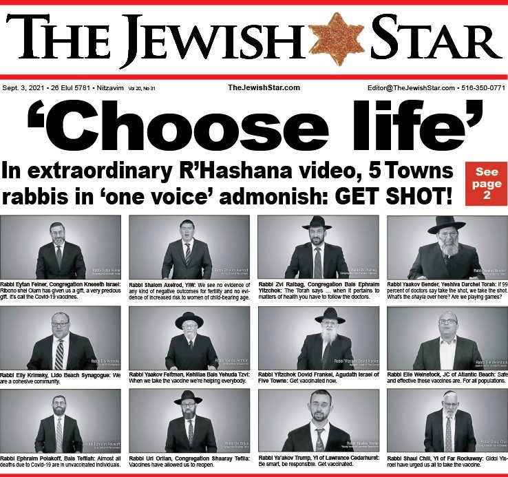 The front page of The Jewish Star highlighted the pro-vaccine video with Five Towns and Far Rockaway rabbis.