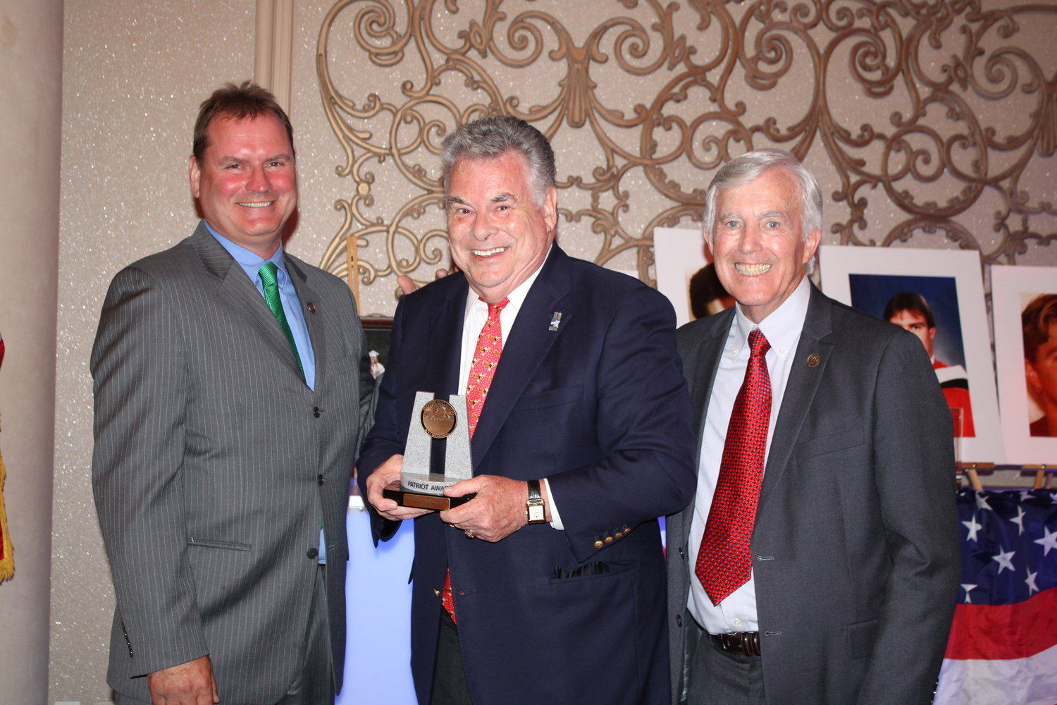Kate Nalepinski/Herald
Seaford resident and 9/11 Memorial Committee President Ken Haskell, former U.S. Rep. Peter King and committee chairman Tom Condon at the Patriot Award dinner on June 29.