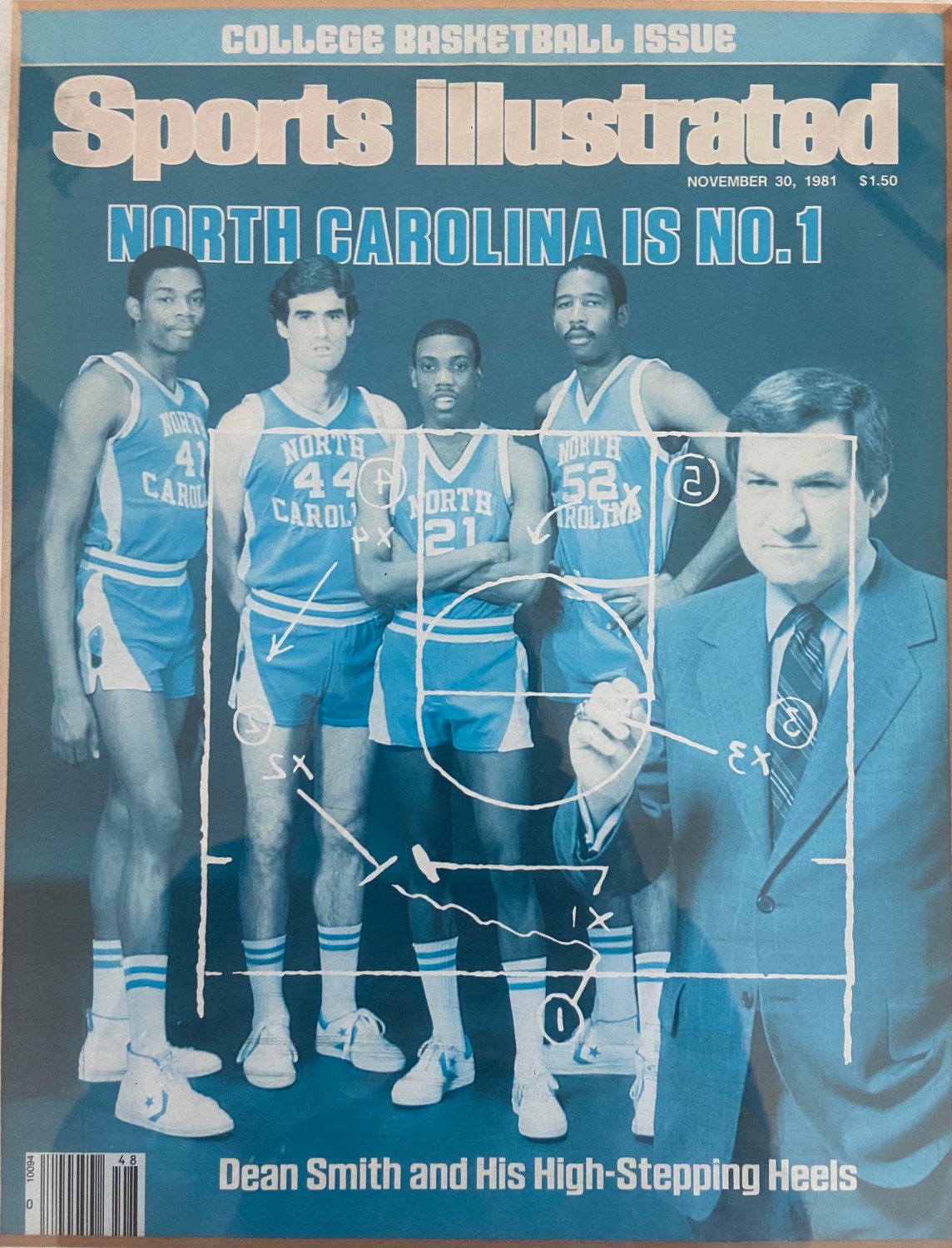 Former East Meadow resident Matt Doherty, second from near right, appeared on the cover of Sports Illustrated in 1981 with University of North Carolina teammates, from near right, Sam Perkins, Jimmy Black and James Worthy, and coach Dean Smith. They went on to win the NCAA men’s basketball championship in 1982.