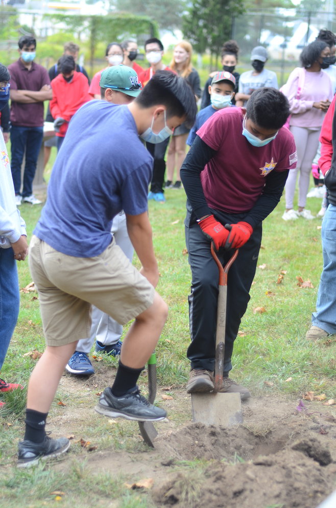 Members of Boy Scout Troop 109  and other young volunteers helped plant the first tree at Arthur J. Hendrickson Park.