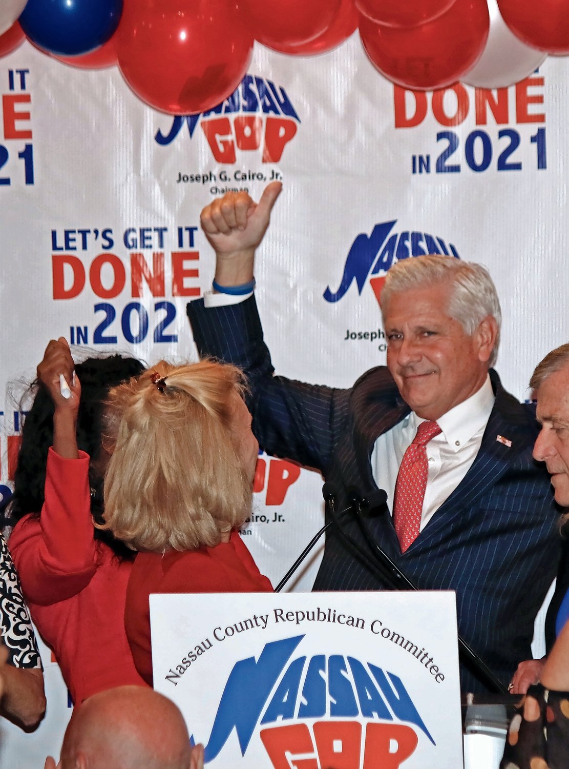 Bruce Blakeman, Republican candidate for Nassau county executive, declared victory Tuesday night, though the vote count was not official, with absentee ballots remained to be counted. Incumbent Laura Curran had not conceded as of press time Wednesday   morning.