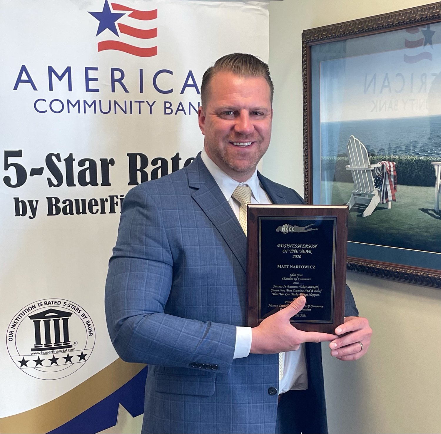 Matt Nartowicz of American Community Bank was named the 2020 Businessperson of the Year by the Glen Cove Chamber of Commerce.