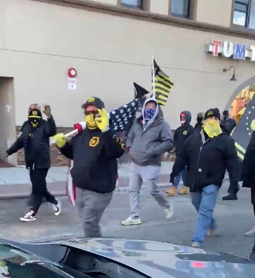 The far-right Proud Boys marched through RVC on Saturday afternoon, flashing white power hand signals, during their unauthorized trek.