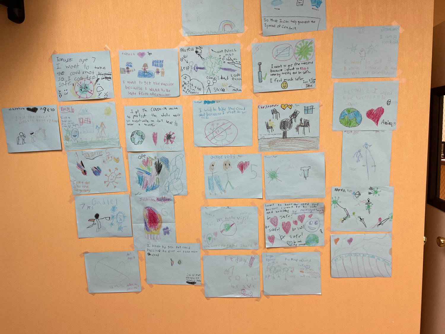 Drawings done by children who have received Covid-19 vaccinations at Dr. Mitchell Weiler’s Cedarhurst office.