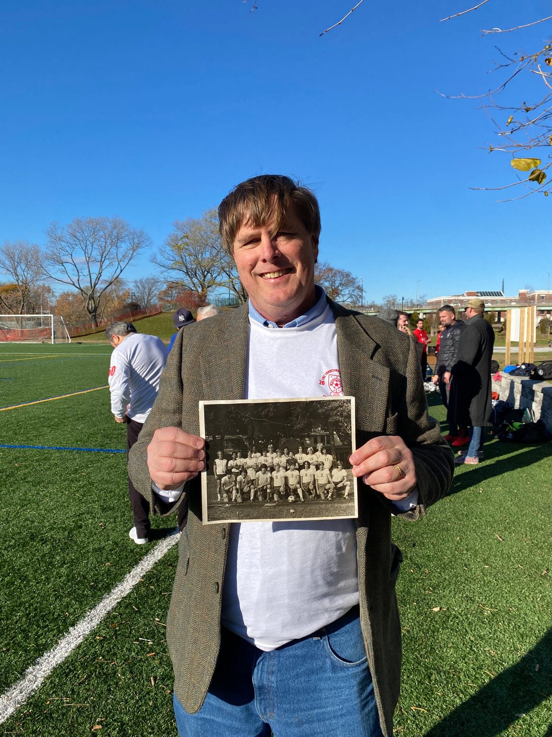 Tim May displayed a picture of the 1976 South Side High School soccer team he played on with many RVCSC members, including the late Stephen Tighe, during the alumni game.