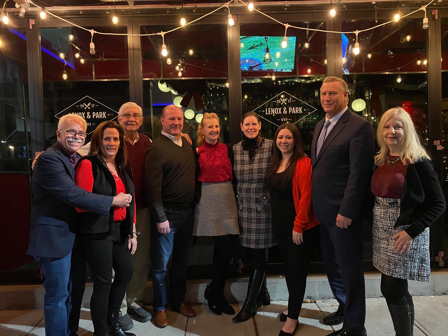 Chamber of Commerce members, from left, Jeff Novack, Carol O’Leary, Treasurer Ed Asip, President Brian Croutier, incoming President Lisa Umansku, Donna O’Rielly Eineman, Jillian Weston, Tom Bogue, and Iyna Caruso outside of Lenox and Park Italian Bistro.