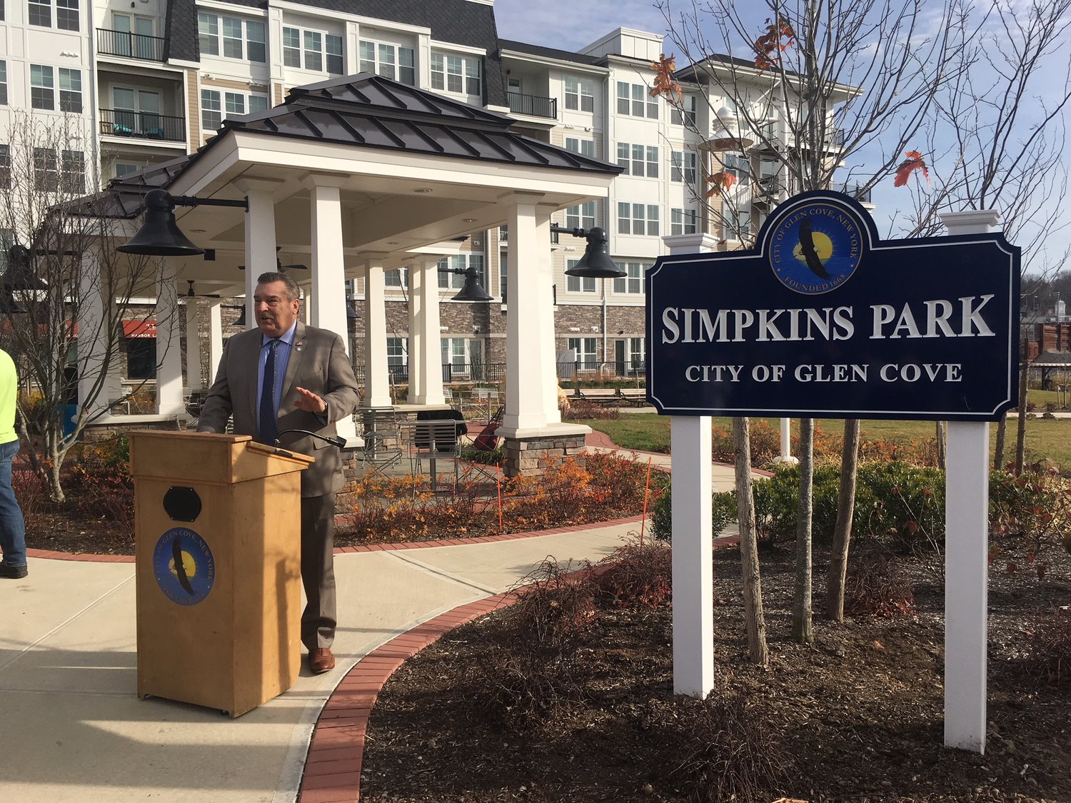 Mayor Tim Tenke spoke at the dedication of Simkins Park, where the new sign was unveiled. Tenke noted that there had been confusion over the spelling of the name, and said the sign would be changed to correct it.