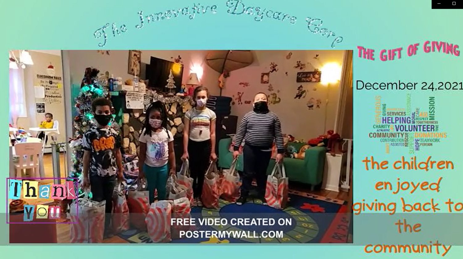 The school-aged children at the Innovative Daycare Corp created a video to tell about their donations and express holiday greetings.