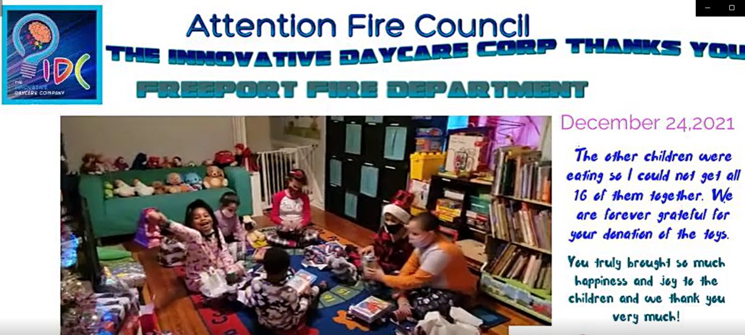 Innovative Daycare Corp. youngsters thanked the Freeport Fire Department for its donation of toys in a quick video.