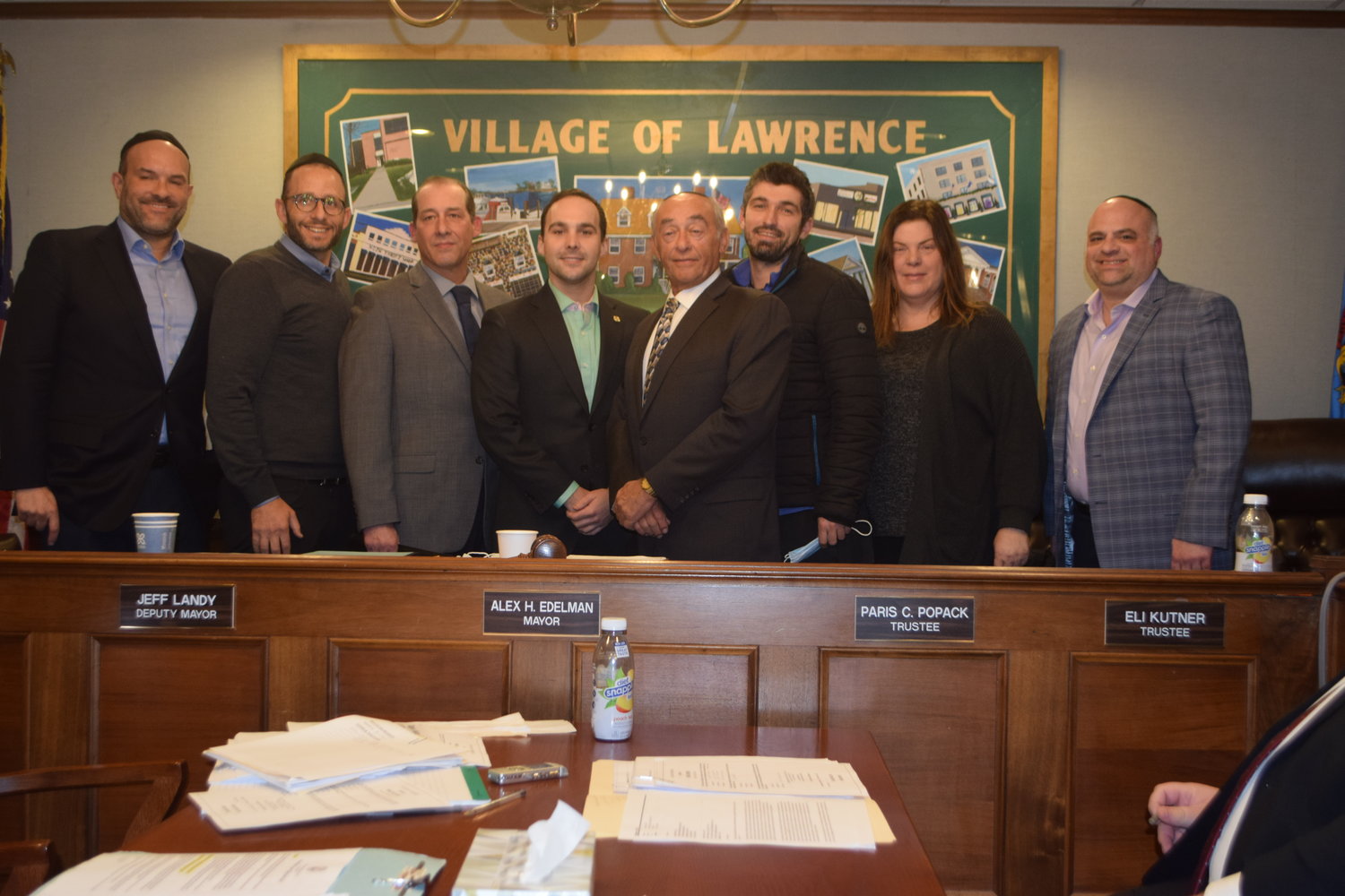 The new golf and tennis pros were introduced at the Jan. 13 meeting. From left were Trustees Michael Fragin and Jeff Landy, golf pro john Morrison, LY&CC General Manager Cory Menking, Mayor Alex Edelman, tennis pro Strate Krstevski, and Trustees Paris Popack and Eli Kutner.