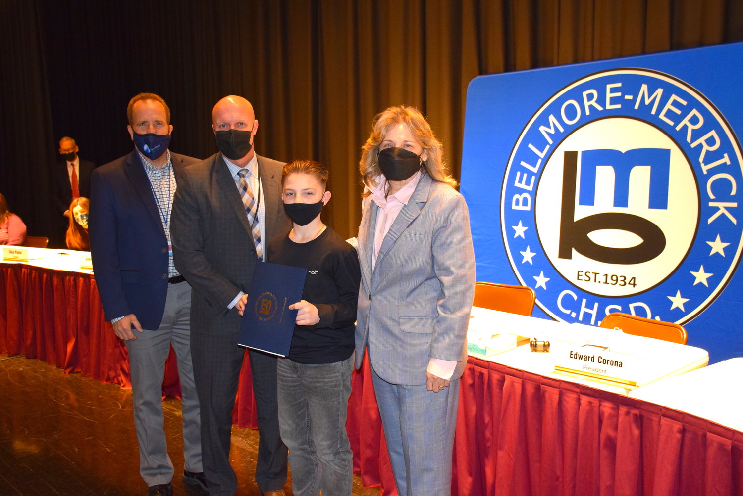 Grand Avenue Middle School eighth grader Luke Fischetti was honored by the Bellmore-Merrick Board of Education at their Jan. 12 meeting for his volunteerism during the Bellmore Lions Club Polar Express event held in early December. 