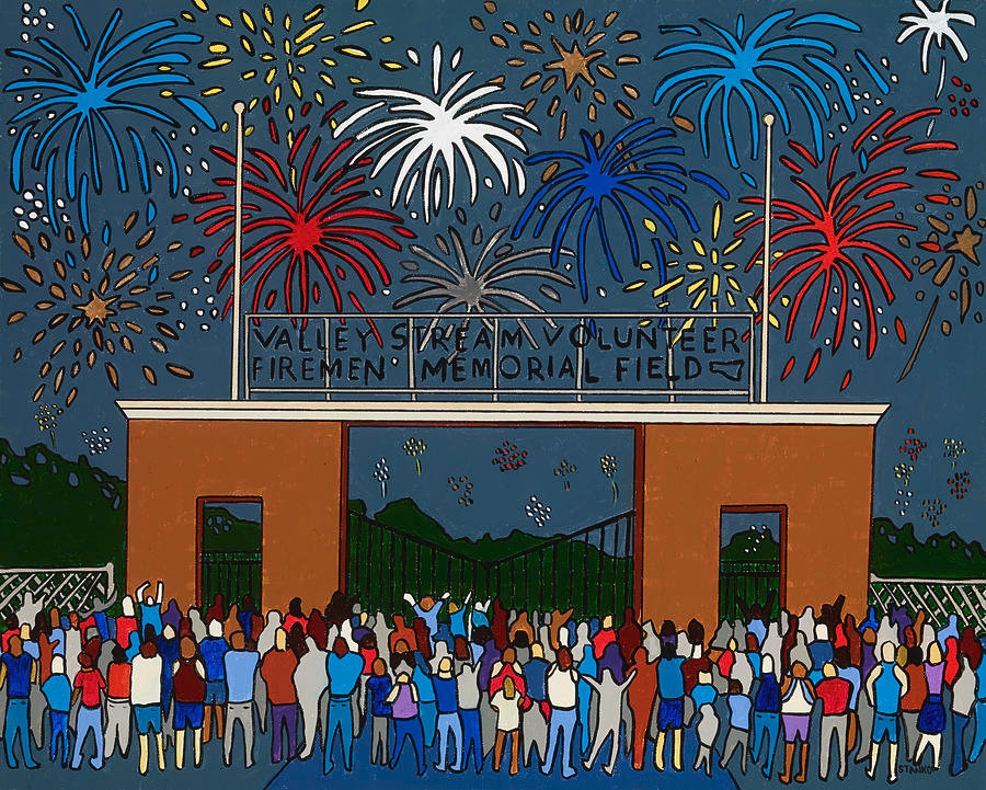 One of Stanko’s paintings, a joyous crowd erupts into cheers as Fourth of July fireworks go off at Firemen Memorial Field.