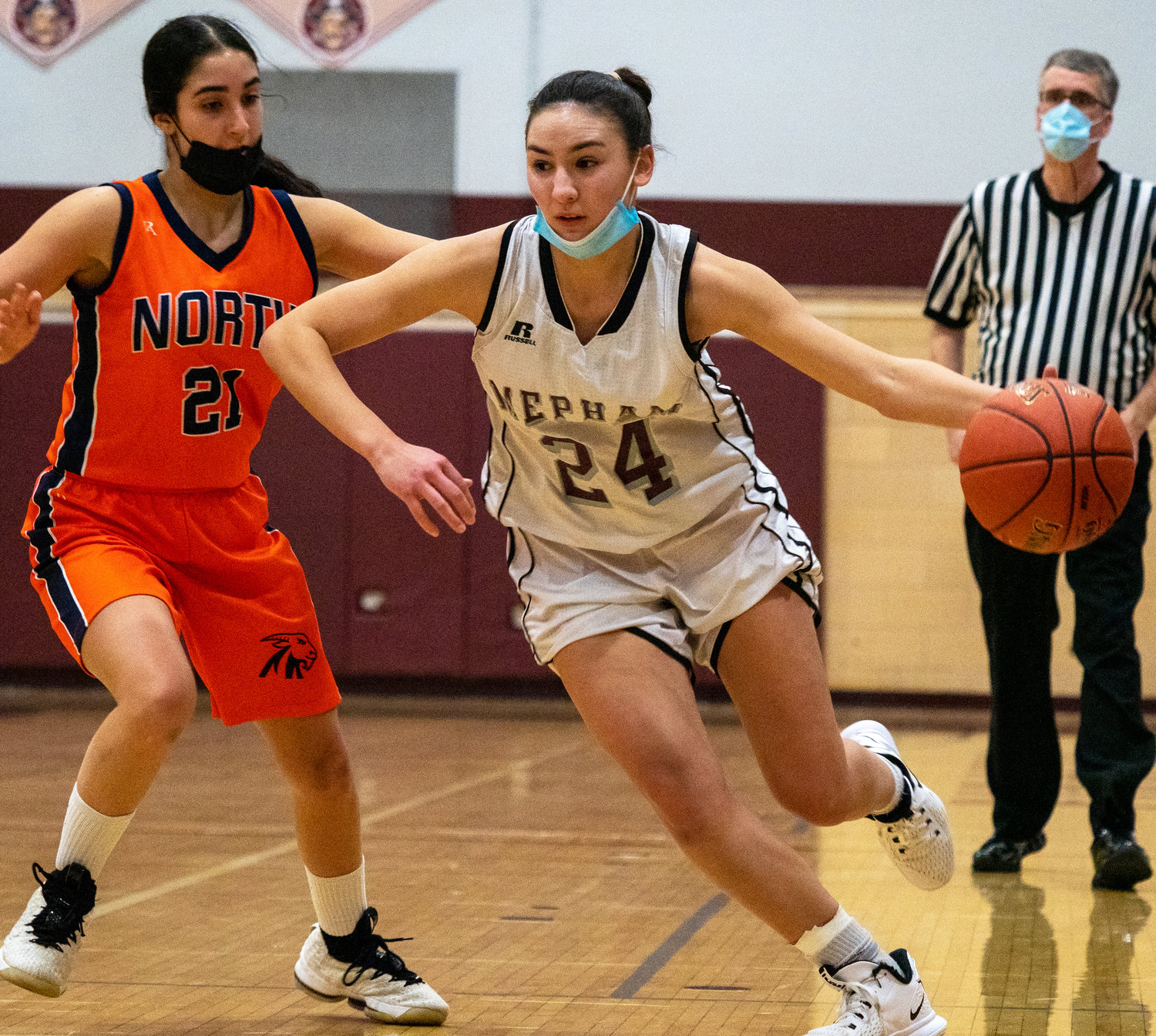 Mepham senior Hailey Guerrero, right, ranks among the Top 10 scorers in Nassau County at nearly 21 points per game and is one of three D1 athletes on the roster.