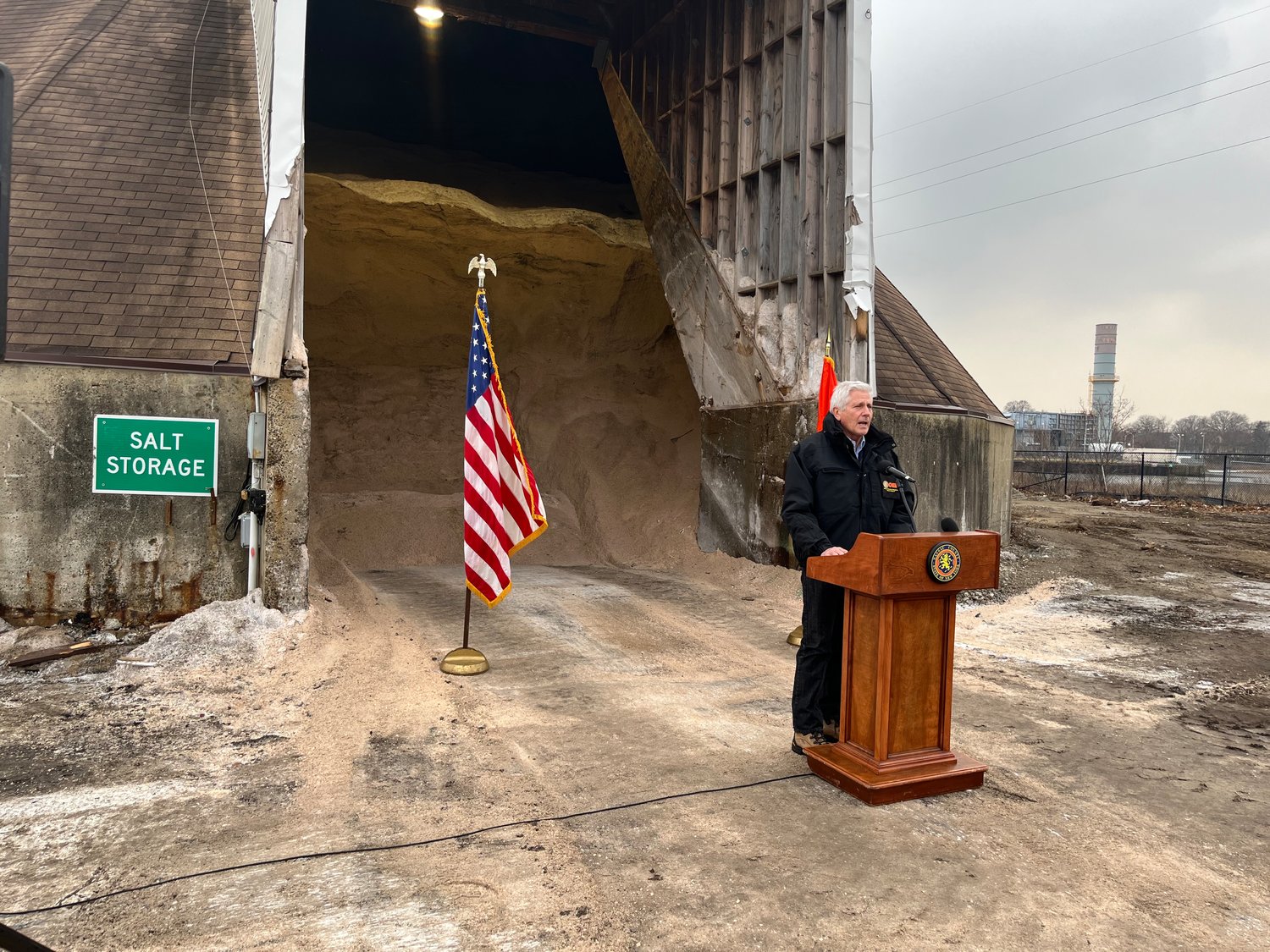 Nassau County Executive Bruce Blakeman was at the county's sand and salt yard in Inwood Friday afternoon to discuss plans to cope with the weekend's impending snowstorm.