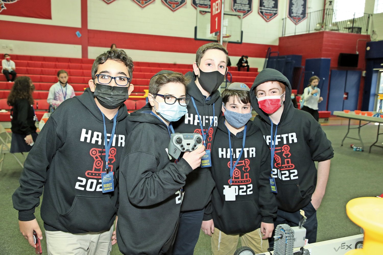 HAFTR Middle School’s robotics teams dominated the competition at the Center for Initiatives in Jewish Education Robotics Tournament in December. From left were students Jack Ymar, Akiva Cunningham, Zachary Straus, Aiden Dworetsjy and Joe Walls.