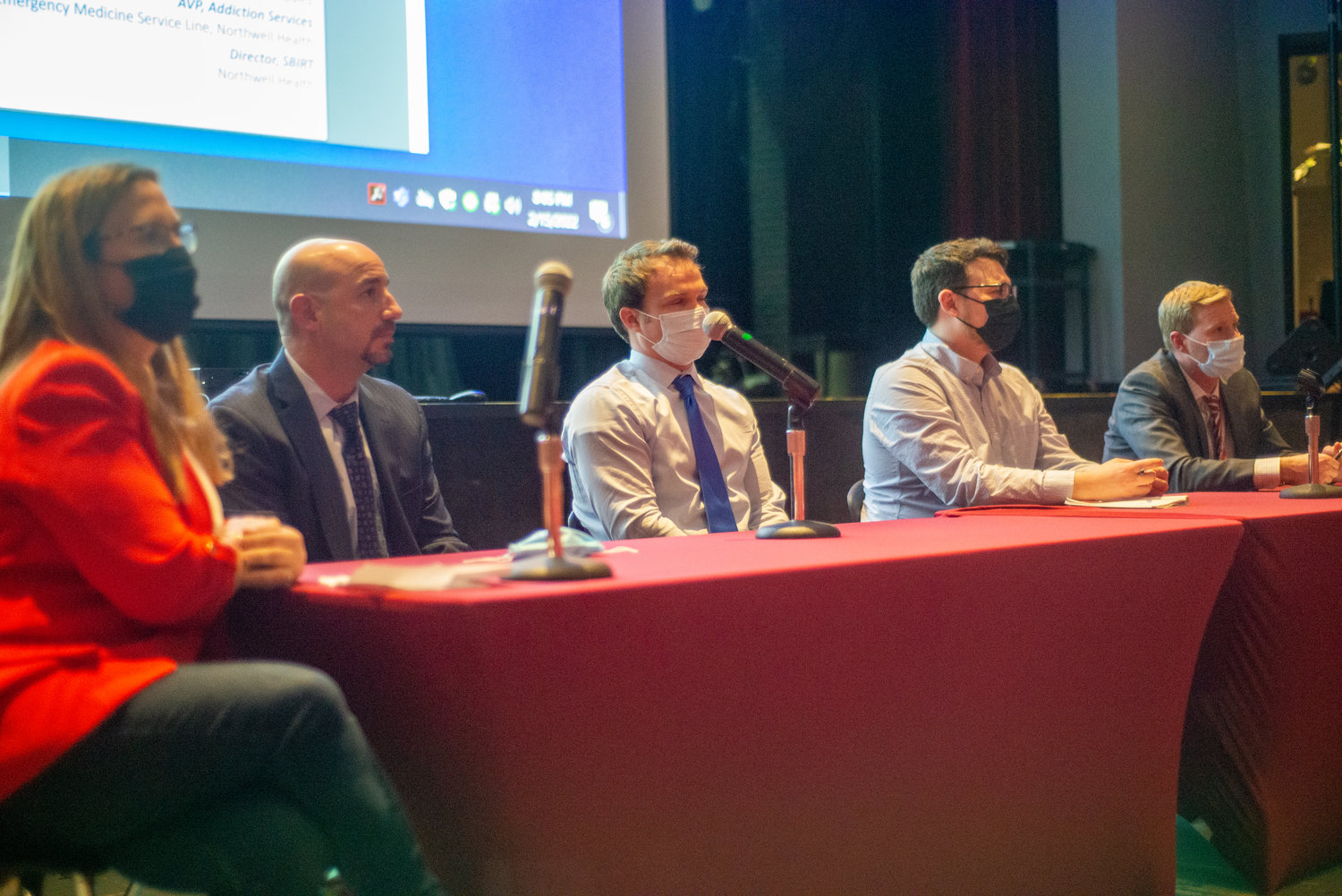 The panel for the discussion on fentanyl at North Shore High School on Feb. 15 included, from left, Alison Camardella, Matthew Landman, Dr. Zachary Oliff, Adam Birkenstock and Dan Doherty.